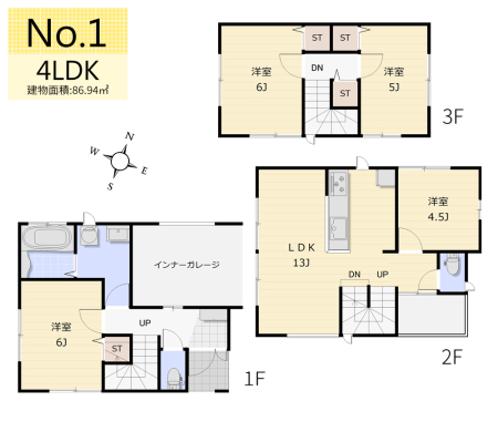 間取り図 ／地上3階建て4LDK＋車庫／延床面積86.94�u＋車庫9.93�u
