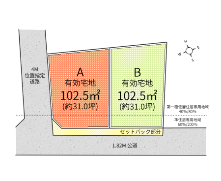 区画図 　 A区画 有効宅地面積：102.5�u（約31.0坪）