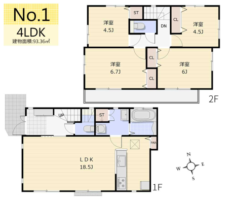 間取り図 　4LDK／建物面積：93.36�u（約28.24坪）