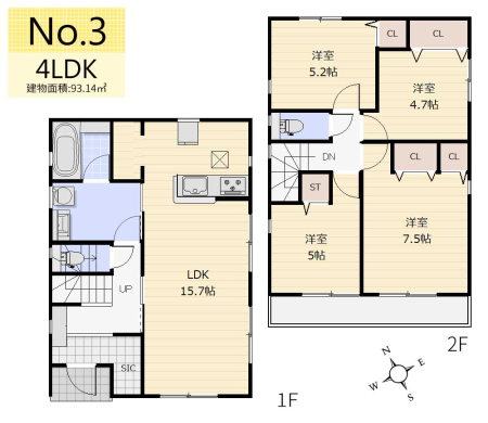 間取り図 ＜3号棟・4LDK＋SIC＋パントリー／建物面積93.14�u＞