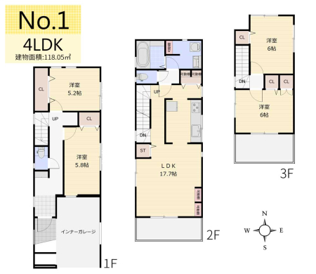 間取り図 　木造3階建て4LDK／延床面積：118.05�u／土地面積：74.90�u
