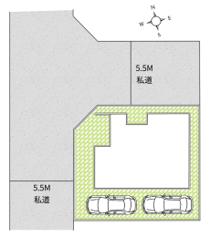 区画図 　5.5Mの開放的な北西角地。カースペース2台駐車可。