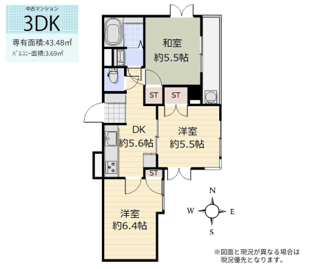 間取り図 　地上3階部分／3DK／専有面積（壁芯）：43.48�u／バルコニー：3.69�u