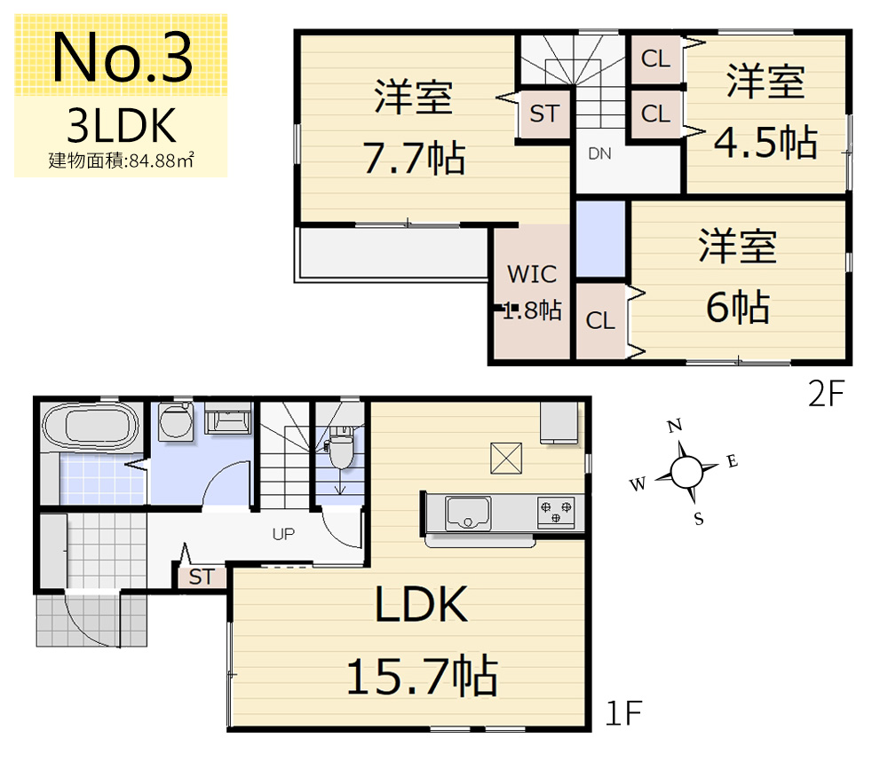 間取り図 ＜3号棟・3LDK／建物面積84.88�u＞