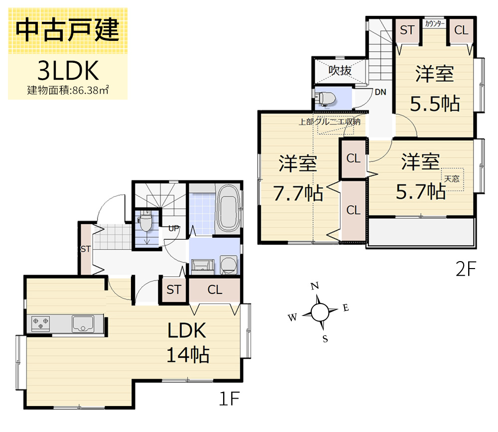 間取り図 　3LDK／敷地面積：110.10�u（約33.30坪）、建物面積：86.38�u（約26.12坪）