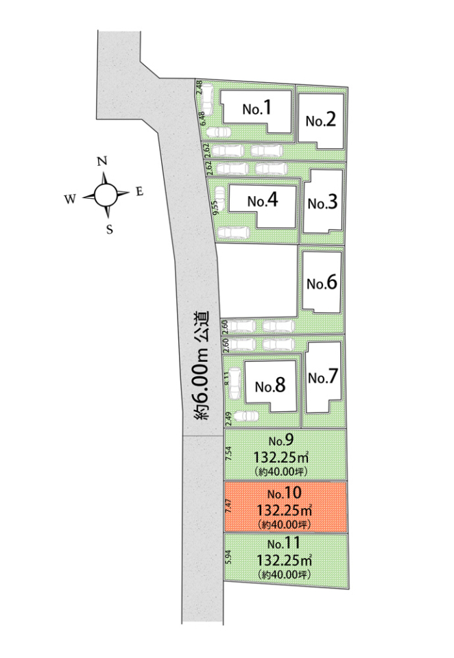 全体区画図 　10号区：敷地面積 132.25�u（約40.00坪）