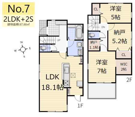 間取り図 　7号棟／2LDK＋2S／延床面積：87.88�u（約26.58坪）／敷地面積：115.00�u（約34.78坪）