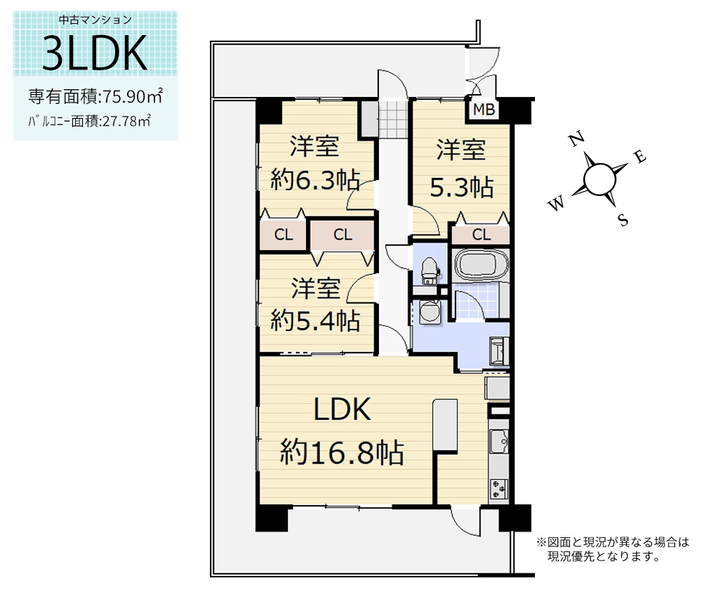 間取り図 　7階・3LDK／専有面積75.90�u、バルコニー27.78�u、ポーチ10.35�u