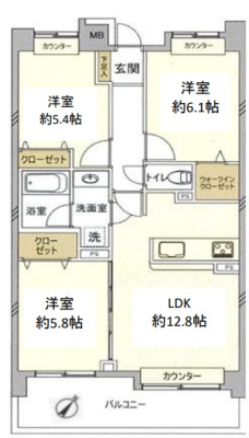間取り図 　水廻り設備など新規リフォーム！日当たりの良い5階南東向き。