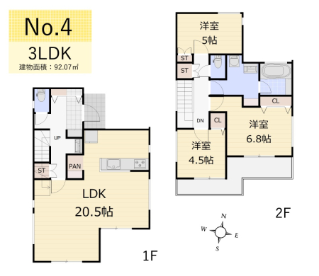 間取り図 ＜4号棟＞■LDK20帖■2階水廻り■大型パントリー
敷地面積34坪～全7区画。