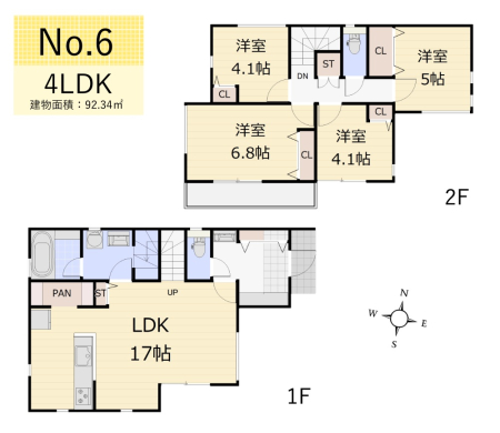 間取り図 ＜6号棟＞■東6M整形地■洗面収納■大型パントリー
敷地面積34坪～全7区画。