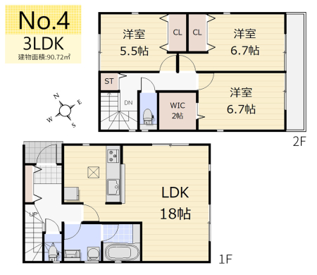 間取り図 ＜4号棟・3LDK＋WIC／建物面積90.72㎡＞