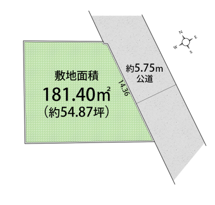 区画図 　東側5.75M道路に面したほぼ整形地。建築しやすい土地形状です。