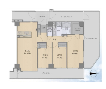 間取り図 　15階建てマンションの12階部分！ルーフバルコニー付きの3LDK