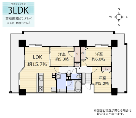 間取り図 　開放的な10階・3方角部屋の3LDK。50㎡超の広々バルコニー付き。