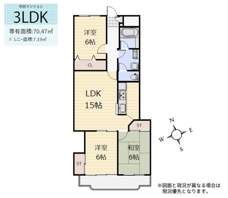 間取り図 　3階・3LDK／専有面積：70.47㎡（壁芯）／バルコニー：7.19㎡