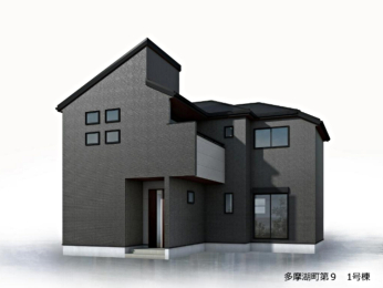 現地外観写真 1号棟　完成イメージパース／3方に道路が面した開放的な棟です。
