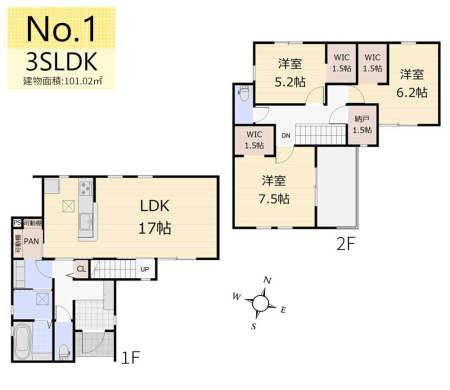 間取り図 　1号棟／3LDK＋納戸＋全室WIC＋パントリー