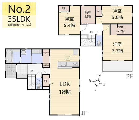 間取り図 　2号棟／3LDK＋納戸＋WIC＋パントリー＋並列2台駐車可