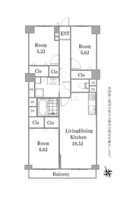 間取り図 　専有面積：69.6㎡（壁芯）／3階部分・3LDK