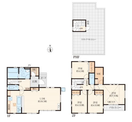 �Ԏ��} 4LDK�{WIC�{SIC�^�����ʐρF102.97�u�i��31.14�؁j�^�y�n�ʐρF107.93�u�i��32.64�؁j