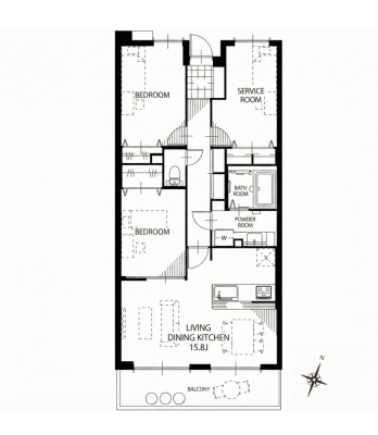 �Ԏ��} 5�K����5�K�����^2LDK�{S�i�T�[�r�X���[���j�^��L�ʐρF74.01�u�^�o���R�j�[�ʐρF11.07�u